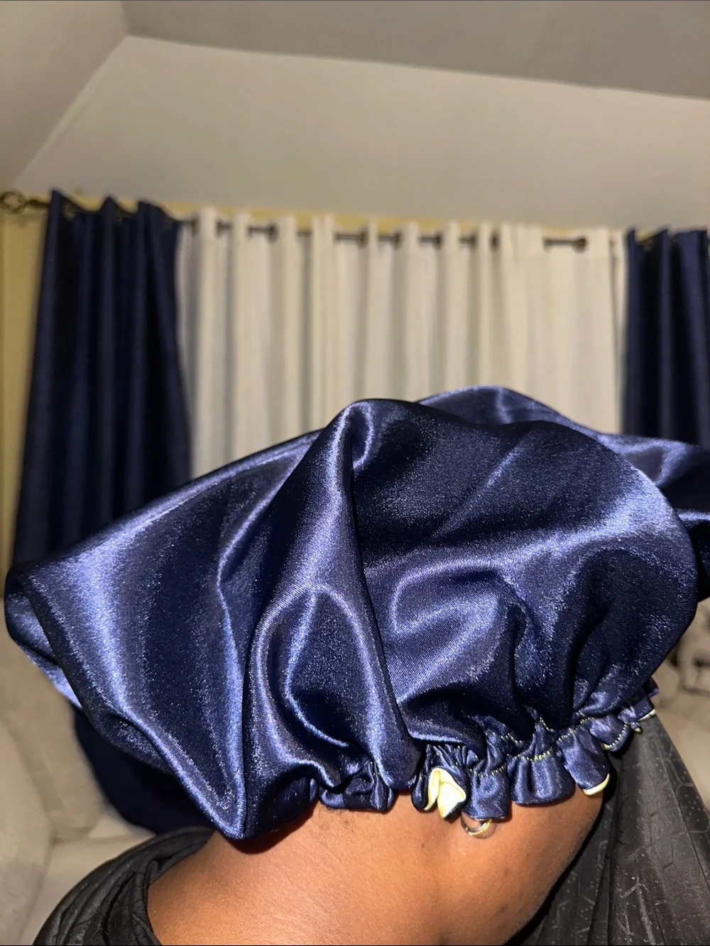 Reversible Satin Sleep Bonnet in Navy and yellow
